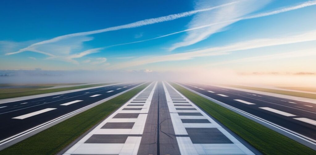 Airport runway width demonstration showing 300-foot comprehensive measurement