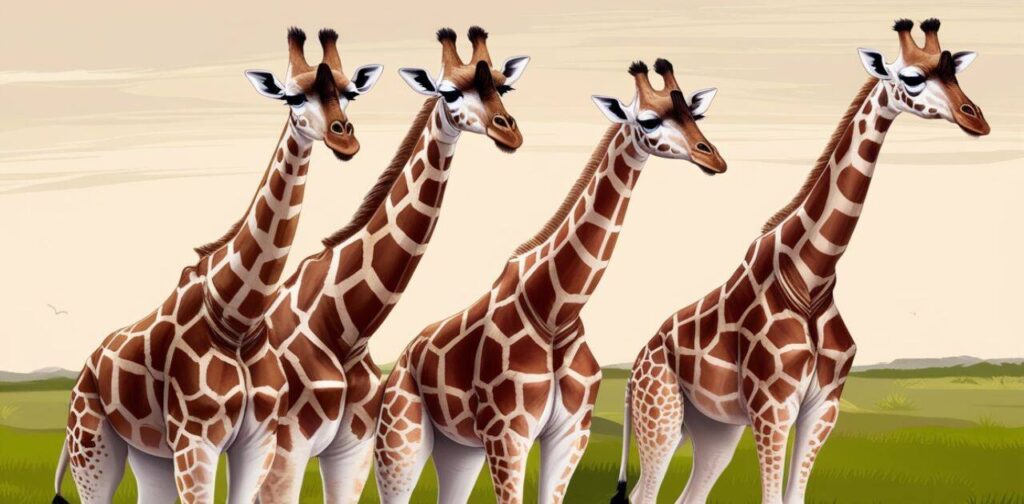 Four giraffes aligned vertically demonstrating 70-foot combined height