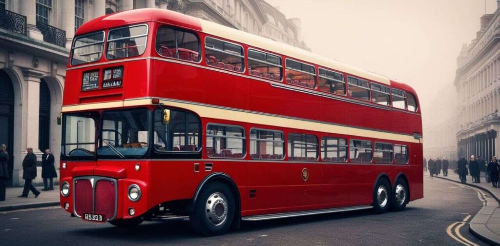 London double-decker bus aligned to showcase 70-foot total length