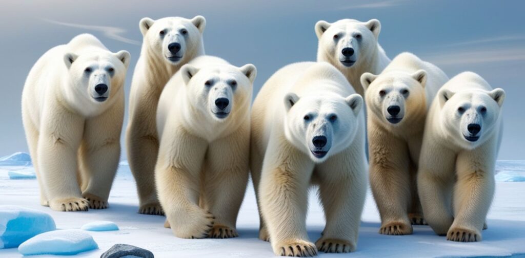 Polar bears stacked vertically illustrating 70-foot collective height