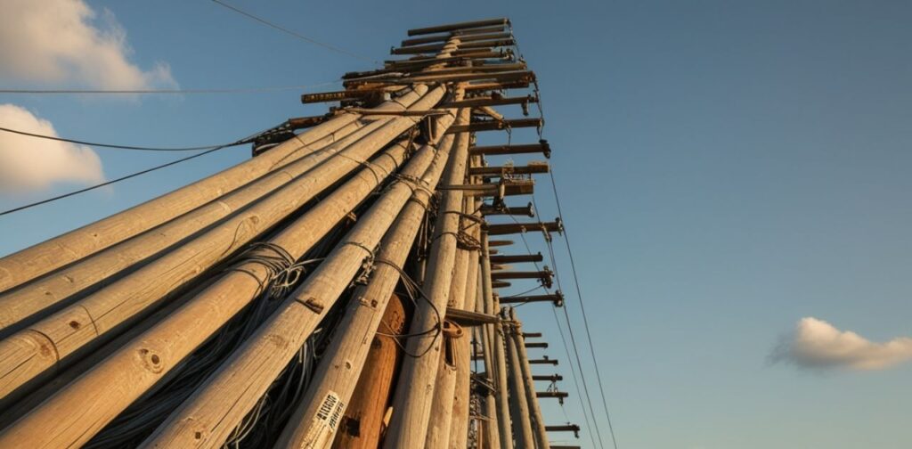 Telephone poles stacked to demonstrate 70-foot vertical measurement